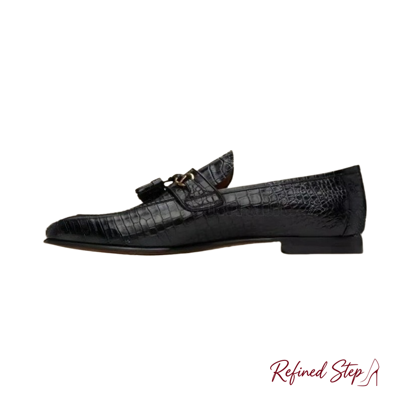 Men Formal Wear Shoes - Black Crocodile Print Leather Tassels Decor