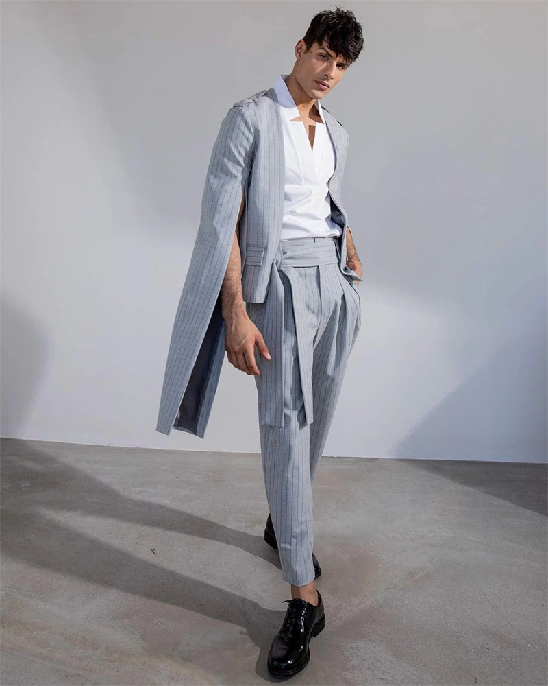 Pinstripe Grey Men Suit Set 2  - огляд і ціна Men Formal Wear With Coat